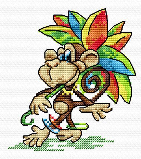 Monkey M-008 Counted Cross Stitch Kit featuring 14 count AIDA canvas, cotton threads, and multilingual instructions.